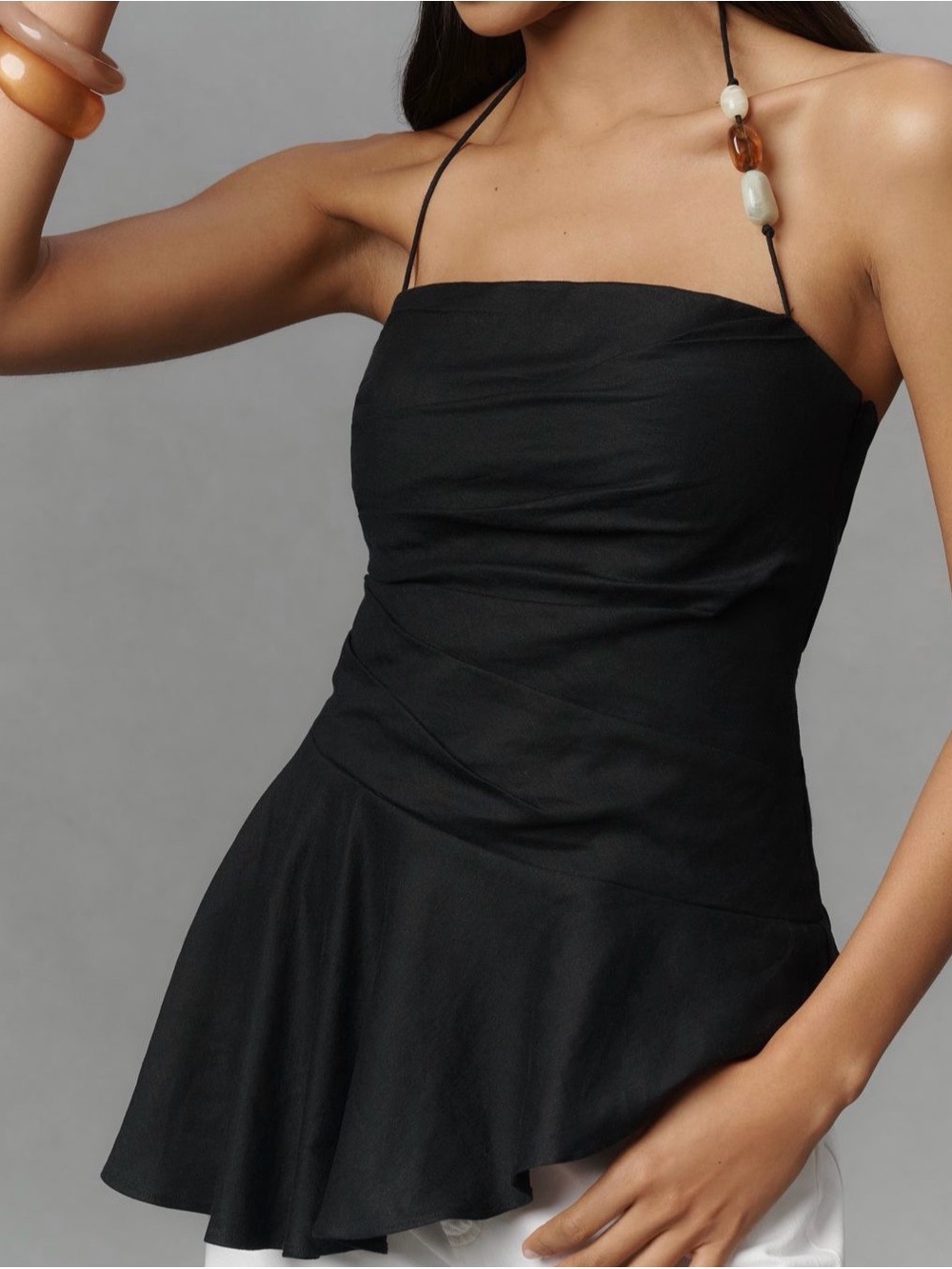 Shona Joy Linen Blend Draped Strapless Tie Top with Beads